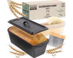 Chefarone Gietijzeren Broodvorm – Broodbakvorm – Bakvorm - Cakevorm Rechthoek - Ambacht Brood Bakken uit eigen Oven– Inclusief Deksel, Spatel en Rijsmand - 35 x 13,5 x 12,5 cm
