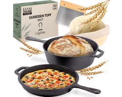 Chefarone Gietijzeren Pan 3L- PFAS vrij - 2-in-1 Braadpan Inclusief Deksel - Sudderpan - Broodpan Geschikt Voor Alle Warmtebronnen - Inductie Kookpan voor Brood Bakken - Skillet - Broodbakbol met Rijsmand en Spatel - Ø20CM Hittebestendig tot 300°C