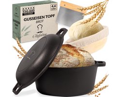 Chefarone Gietijzeren Pan 4,6 L - PFAS vrij - Braadpan alle Warmtebronnen - Broodbakbol Bakken - Inductie Sudderpan - Ø24CM - Kookpan Inclusief Deksel, Spatel en Rijsmand - BBQ Cast Iron Zwart - Tot 300°C - Vaderdag cadeau