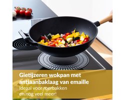 Chefarone Gietijzeren Wokpan Inductie 30CM - Antiaanbaklaag - Oven Geschikt: Afneembaar Houten Handvat - Emaille Gietijzeren Koekenpan - Wadjan Alternatief - Cadeau voor Vrouw - Incl. Inductiebeschermers