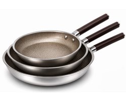 Cheffinger Koekenpannen Set - 3-delig - 20, 24, 28cm - RVS - Inductie - Super Reliëf - Stof-Touch Handgreep met Houtlook