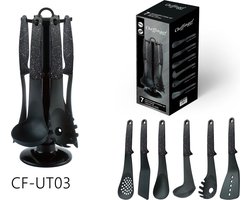 Cheffinger Kookgerei – Zwart – Keukengerei – 7-delige keukengerei set met standaard