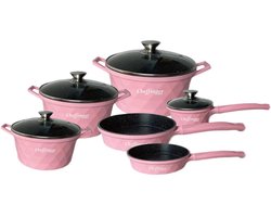 Cheffinger Pannenset - 12-delig - Roze - Inductie - Met Glazen Deksels