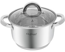 Cheffinger, Roestvrijstalen Kookpan met Glazen Deksel 18cm 2.9L Inductie Compatibel, Zilveren
