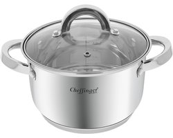 Cheffinger, Roestvrijstalen Kookpan met Glazen Deksel 20cm 3.9L Inductie Compatibel, Zilveren