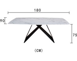 Chelan Eettafel – 180 x 90 x 75 cm – Wit Marmerlook – Deens Ovaal – Steen Tafelblad – Zwart Stalen Onderstel – Modern Design – Geschikt voor 4 Personen