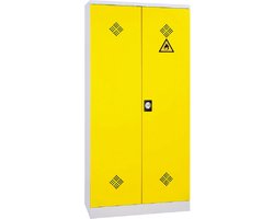 Chemicalienkast, fytokast. Kleur grijs met gele deuren. 195 x 90 x 42 met 4 baklegborden