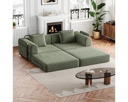 Chenille 2-in-1 Slaapbank met Opbergvak in de Armleuning, drie Metalen Frames en Diverse Configuratiemogelijkheden, Tweedelige set, Groente