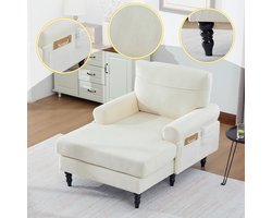 Chenille fauteuil met zijvakken - Voor woonkamer, slaapkamer en leeshoek - 1 persoon - Beige - Extra brede zitting en massief houten poten - Afritsbare en wasbare kussenhoezen - Ergonomische ondersteuning