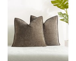 Chenille Sierkussenslopen - Decoratieve Kussenhoezen - Woonkamer Decoratie - Brede Rand Ontwerp - 61 x 61 cm - Steen