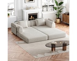 Chenille slaapbank 2-in-1 met opbergruimte in de armleuning, drie metalen frame en meerdere configuratiemogelijkheden- khaki