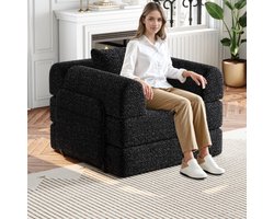 Chenille slaapbank 2-in-1 met opbergvak in de armleuning, drie metalen frames en meerdere configuratiemogelijkheden, zwart