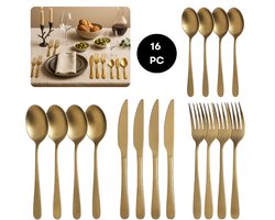 Cheqo® 16-Delige Bestekset - Mat Goud - Roestvrij Staal - Vaatwasserbestendig - Handwas Aanbevolen - Bestekset Voor 4 Personen - Lepels, Messen, Vorken - Tafelbestek - Stijlvolle Afwerking - Hoogwaardige Kwaliteit - Elegant Design