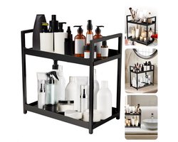 Cheqo® Aanrechtorganizer Zwart - Badkamerrek Kunststof - Compact Keukenrek - Badkamerrek - Keukenrek - Opbergrek - Metaal Frame