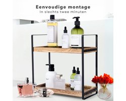 Cheqo® Badkamer Organizer - Badkamerrek - Badkamer Rek - Keuken Organizer - Aanrecht Organizer - Paulownia Hout - Compact Keukenrek - Metaal Frame