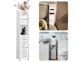 Cheqo® Badkamerkastje - Toiletkast - Badkamer Organizer - Opbergkast Badkamer of Slaapkamer - Badkamer Kast - Badkamerkast - Opbergkast - Smal en Hoog - 80 cm - MDF - Witte Opberger