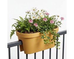 Cheqo® Balkonbak - Plantenbak voor Balkon - Bloembak - Plantenbak voor Buiten - Reling Plantenbak - Hangende Bloembak voor Balkonreling - Weerbestendige Bloembak - Plantenbak voor Tuin en Terras - Ovale Bloempot - Okergeel
