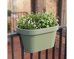 Cheqo® Balkonbak Saliegroen - Bloembak - Plantenbak voor Reling - Bloempot - Plantenpot - Hangende Plantenbak voor Balkonleuning - Ovale Balkonbak voor Buiten - Bloembak voor Balkon en Schutting - Groene Plantenbak voor Tuin en Terras