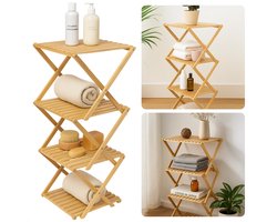 Cheqo® Bamboe Badkamerrek - Badkamer Rek - 4 Lagen - Badkamermeubel - Badkamer Kast - Opbergrek - Opvouwbaar - Bamboe