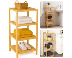 Cheqo® Bamboe Badkamerrek - Badkamermeubel Bamboe - Badkamerrek 4 Niveaus - Vrijstaand Badkamerrek - Handdoeken Opbergen - Badkamer Accessoires Opbergen - Badkamer Kast - Handdoek Rek - Badkamer Organizer