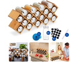 Cheqo® Bamboe Kruidenrek - Kruidenpotjes Rek - Aanrecht Organizer - Kruidenrekje - 18 Glazen Potjes - Keukenorganizer met Labels en Stift