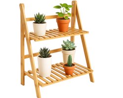 Cheqo® Bamboe Plantenrek - Plantenstandaard Bamboe - 2-Laags Plantenrek - Bamboe Materiaal - Plantenrek Binnen - Compacte Afmetingen - Lichtgewicht Ontwerp - Natuurlijke Uitstraling - Decoratief Plantenrek - Gelakt Bamboe