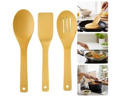 Cheqo® Bamboe Spatelset - 3-Delig - Keukenaccessoires - Duurzame Spatels - Milieuvriendelijk - Kookgerei Set - Hittebestendig - Lichtgewicht Ontwerp - Natuurlijke Uitstraling - Spatels Voor Koken - Bamboe Keukengerei