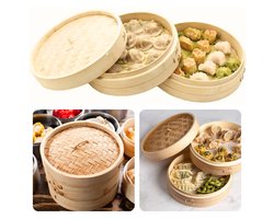 Cheqo® Bamboe Stoommandje - Stomer - Dim Sum Mandje - Gyoza Mandje - Dubbele Trays - Met Deksel