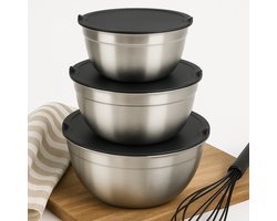 Cheqo® Beslagkommen Set- Bewaarbak - RVS Schalen Set - Beslagkom met Deksel - Mengkommen voor Beslag - Voor Salades en Snacks - 3 Maten