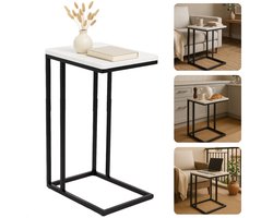 Cheqo® Bijzettafel - Bedtafel - Laptoptafel - Banktafel - Bijzettafeltje - Salontafel - Bijzet Tafel - Metaal - Marmeren MDF Tafelblad - Kleine Moderne Tafel - Wit