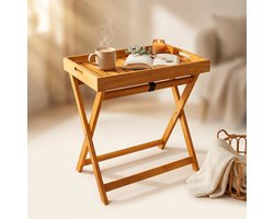Cheqo® Bijzettafel Inklapbaar met Afneembaar Dienblad - Klaptafel voor Buiten en Woonkamer - Tuin - Balkon - Terras - Kleine Houten Bijzettafeltje - Side Table - Opvouwbaar - Salontafel - Koffietafel - Campingtafel - Vouwbare Tafel