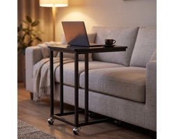 Cheqo® Bijzettafel op Wieltjes - Banktafel - Bijzettafel voor Bank - Laptoptafel - C-Vorm - Verrijdbaar - Sidetable - Zijtafel - Bijzettafeltje - Industrieel - Tafeltje op Wielen - voor Woonkamer en Slaapkamer - Zwart