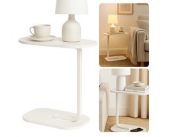 Cheqo® Bijzettafel Wit - Banktafel Metaal - Bijzet Tafel - Mdf Blad - C-Vormig Ontwerp - Compact Formaat - Wit Onderstel - Metaal Frame - Lichte Bijzettafel - Sidetable - Tafeltje - Bedtafel - Modern Design - Geschikt Voor Woonkamer