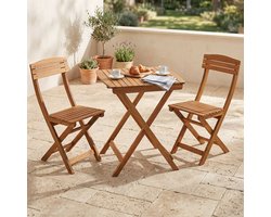 Cheqo® Bistroset - Tuinset Inklapbaar - 3-Delig - Tuintafel en Klapstoelen - Balkonset - Acacia Hout - voor Tuin Balkon en Terras - Bistrostoel - Tuinstoelen - Klaptafel - Opvouwbaar - Compact Weerbestendig Tuinmeubel - 2 Personen