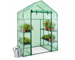 Cheqo® Broeikas - Kweekkas - Tuinkas met Oprolbare Ritsdeur - Foliekas - Walk-in Kas met 4 Schappen - Tomatenkas - Plastic Serre - Hobbykas - Plantenkas voor Groenten, Kruiden en Bloemen - Kas voor Moestuin - Groen