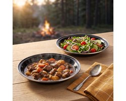 Cheqo® Campingborden Set van 2 - Emaille Borden - Camping Servies - Campingbord - Outdoor Borden - Emaille Servies - Metalen Borden voor Kamperen en Picknicken - Dinerborden - Zwarte Borden - Geëmailleerde Borden - Kampeerservies