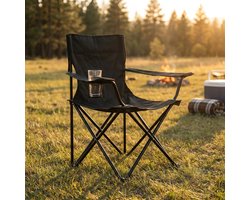 Cheqo® Campingstoel - Vouwstoel - Klapstoel Opvouwbaar met Bekerhouder en Armleuningen - Visstoel - Kampeerstoel - Tuinstoel - Outdoor Stoel - Strandstoel - Lichtgewicht - Opklapbaar - Inklapbaar - Metalen Frame - Compact - Zwart