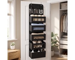 Cheqo® Deur Organizer met 5 Vakken - Hangende Opberger - Opbergzak voor Deur - Deurhanger Opberger - Hangorganizer - Deurrek - Opbergrek Hangend - Kast Organizer - Wandorganizer - Opbergtas voor Kledingkast - Slaapkamer - Kinderkamer - Zwart