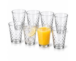 Cheqo® Drinkglazen Set van 8 - Waterglazen - Sapglazen - Limonadeglazen - Glazen Set - Frisdrankglazen - Tumbler Glazen met Relief - Tafelglazen - Ontbijtglazen - Keukenglazen - Vaatwasserbestendig - Transparant