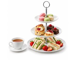 Cheqo® Etagère 3-Laags - Porseleinen Serveertoren - High Tea Etagère - Taartplateau - Serveerschaal - Hapjesschaal - Cupcake Standaard - Gebakschaal - Fruitschaal - Tapasschaal - Koekjesschaal - Wit Porselein