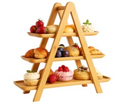 Cheqo® Etagere Bamboe - 3 Laags - Serveertoren - Bamboe Hout - Presenteerschaal - High Tea - Bamboe Serveerplateau - Bamboe Presentatie - Bamboe Serveertray - Hapjes Presenteren - Bamboe Decoratie - Bamboe Design