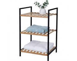 Cheqo® Handdoekenrek voor Badkamer - Bamboe en Metaal - Vrijstaand Staand - Handdoekhouder - Handdoekrek - Opbergrek met 3 Etages - Badkamerrek Zwart - Keukenrek - Handdoekenhouder - Badkameraccessoire - Stellingkast - Badkamermeubel