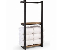 Cheqo® Handdoekrek Badkamer - Handdoekenrek - Handdoekhouder met Wandmontage - Metaal en Hout - Industrieel Zwart - Wandrek voor Badkamer - Badkamerrek met Legplank en Haken - Opbergrek voor Opgerolde Handdoeken - Gastendoekhouder
