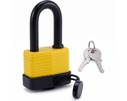 Cheqo® Hangslot met Sleutel - Weerbestendig Hangslot - Waterdicht Veiligheidsslot - Beugelslot met Lange Beugel - Hangsloten voor Buiten - Slot voor Schuur - Tuinpoort - Hek - Kluisje en Gereedschapskist - Zwart/Geel - Padlock - Hangslotje