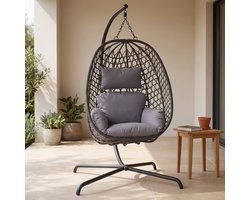 Cheqo® Hangstoel met Standaard - Egg Chair - Eierstoel - Eistoel - Hangstoel Ei - Cocon Stoel - Rotan Hangstoel - Wicker Hangstoel - Schommelstoel - Loungestoel - Tuinstoel met Kussens en Statief - voor Binnen en Buiten - Tuin - Donkergrijs