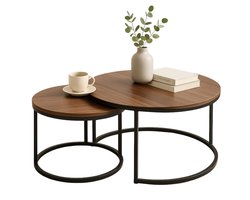 Cheqo® Industriële Bijzettafels Set van 2 - Koffietafel - Bijzet Tafel Set - Tafelset - Salontafel Set - Modern Design - MDF Tafelblad - Metaal Frame