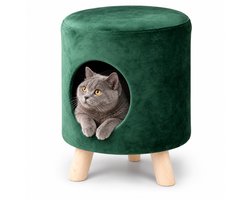 Cheqo® Kattenhuis - Kattenmand - Poef - Kattenhol met Kussen - Velvet Kruk op Pootjes - Poezenmand - Bijzettafel - Kattenhuisje - Voetenbankje - Kattenbed - Schuilplek voor Katten - Smaragdgroen - Rond Fluweel met Houten Poten voor Binnen