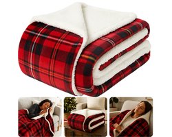 Cheqo® Kerstdeken - 200x150 CM - Plaid Rood Geruit - Flanel Sherpa Fleece - Zachte Warmteplaid - Schotse Ruit - Sfeervolle Woondecoratie - Polyester - Flanel met Print - Sherpa Achterzijde - 1200 Gram - Plaid - Woonaccessoire - Winterdeken