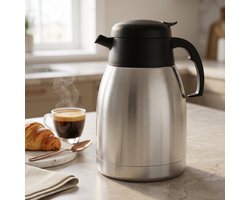 Cheqo® Koffiekan - Thermoskan voor Koffie en Thee - Isoleerkan - Warmhoudkan - RVS Zwart - Dubbelwandig met Drukknop - Schenkkan - Vacuüm Isolatie - Lekvrij - Roestvrij Staal - Koffiekaraf - Thermosfles voor Camping en Kantoor