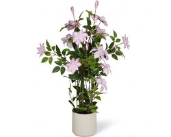 Cheqo® Kunstplant Clematis - Bosrank Klimplant - Hangplant Nepplant - Kunstbloem - Kamerplant voor Binnen - Sierplant - Decoratie - Levensecht in Pot met Bloemen Roze Groen - Muurplant voor Woonkamer Slaapkamer en Kantoor